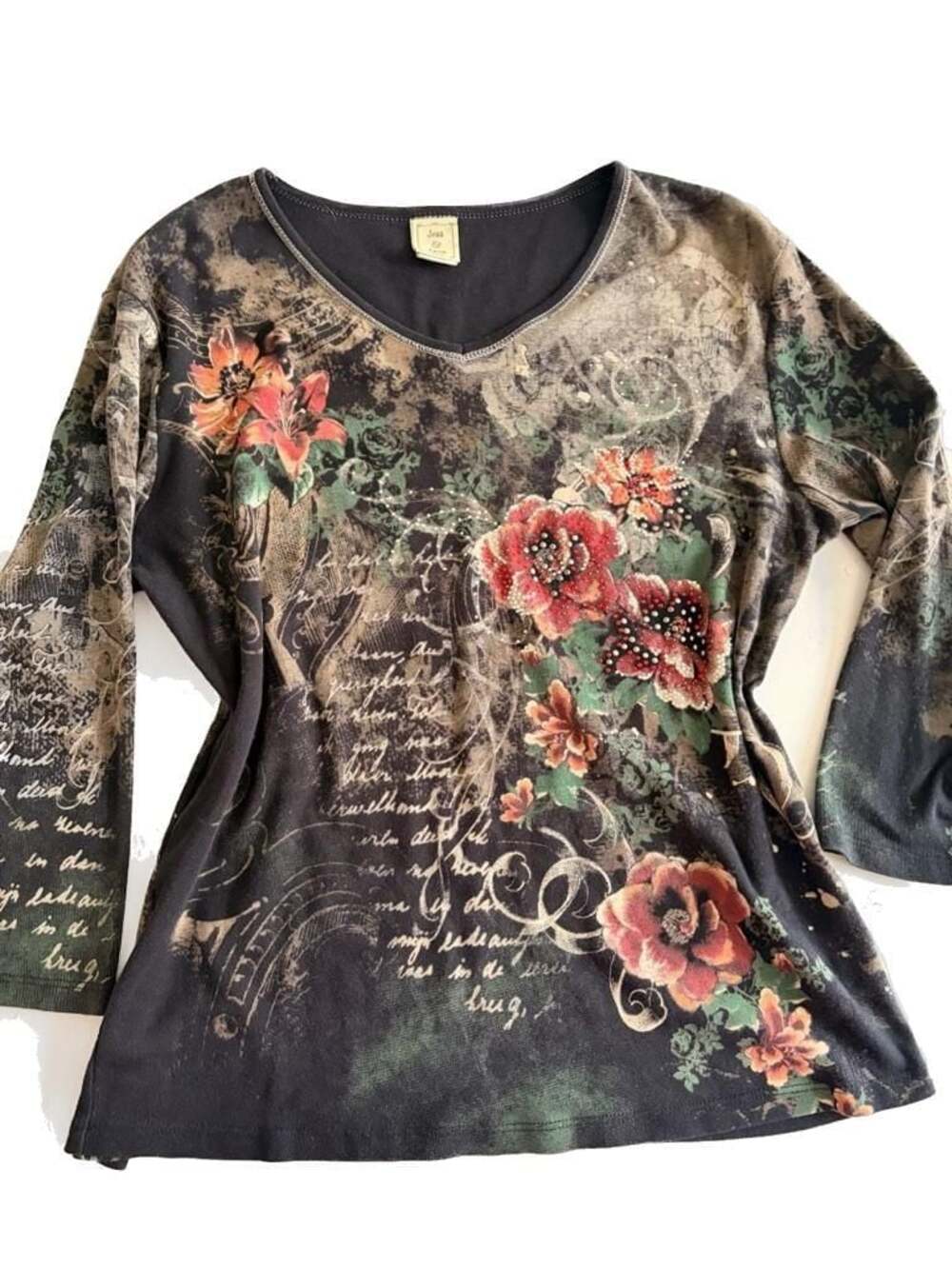 Jess & Jane Midnight Floral Script Rhinestone 3/4 Sleeve Top Size Large